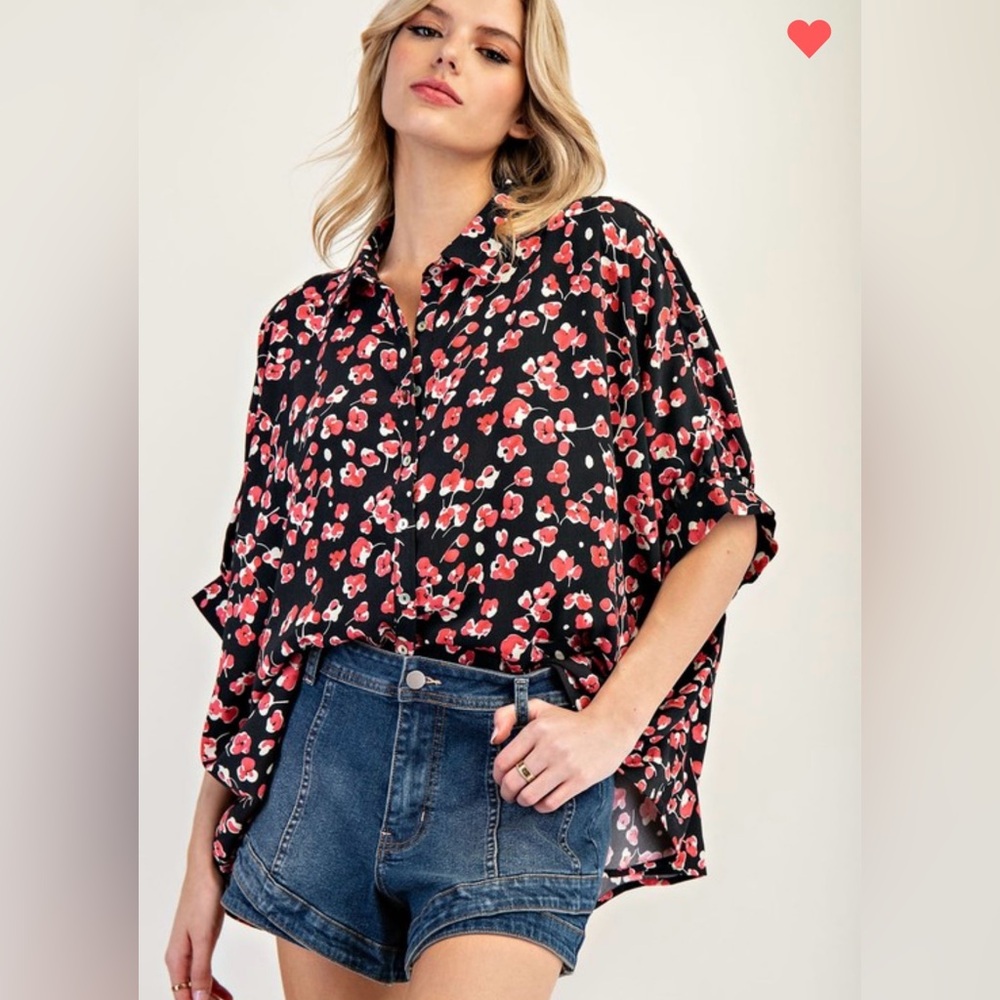 855. Date Night Daisies,  dolman sleeve top, Crimson Kiss, various sizes